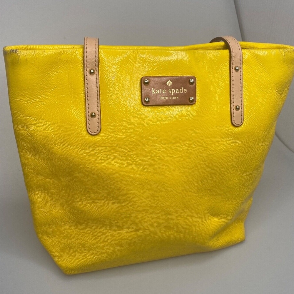 Kate Spade New York- Yellow Leather Small Shoulder Tote w/Tan Leather Handles - Picture 2 of 12